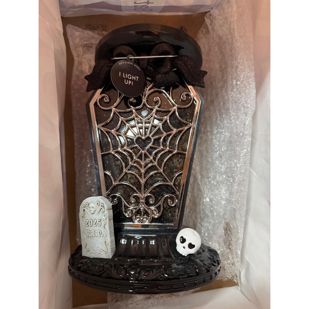 Bath and Body Works Halloween coffin Tombstone Spiderweb Light Up Candle Holder‎